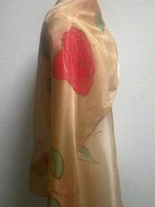 Roses Design X Long Silk Scarf in Camel & Red : Hand Painted Silk