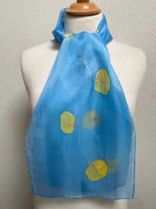 Sweet Peas Design Hand Painted Silk Neck Scarf in Light Blue, Yellow