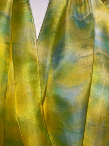 Hand Dyed Long Silk Scarf in Golden Yellow Lime Aqua