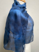 Load image into Gallery viewer, Hand Dyed Silk Neck Scarf in Dark Navy Light Blue Grey
