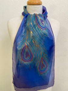 Peacock Feathers Design Hand Painted Silk Neck Scarf in Blue, Purple, Aqua
