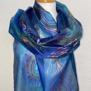 Peacock Feathers Design X Long Silk Scarf in Blue Turquoise : Hand Painted Silk