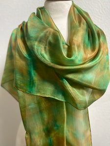 Hand Dyed Long Silk Scarf in Greens and Tan