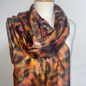 Hand Dyed Long Silk Scarf in Orange Charcoal Beige