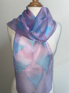Flames Design Hand Painted Silk Neck Scarf in Lilac, Blue, Pink