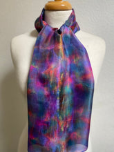 Load image into Gallery viewer, Hand Dyed Silk Neck Scarf in Multi Blue Purple Pink Coral
