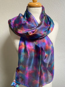 Hand Dyed Silk Neck Scarf in Multi Blue Purple Pink Coral