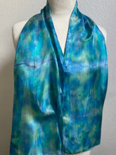 Load image into Gallery viewer, Hand Dyed Silk Neck Scarf in Aqua Jade Navy Blues
