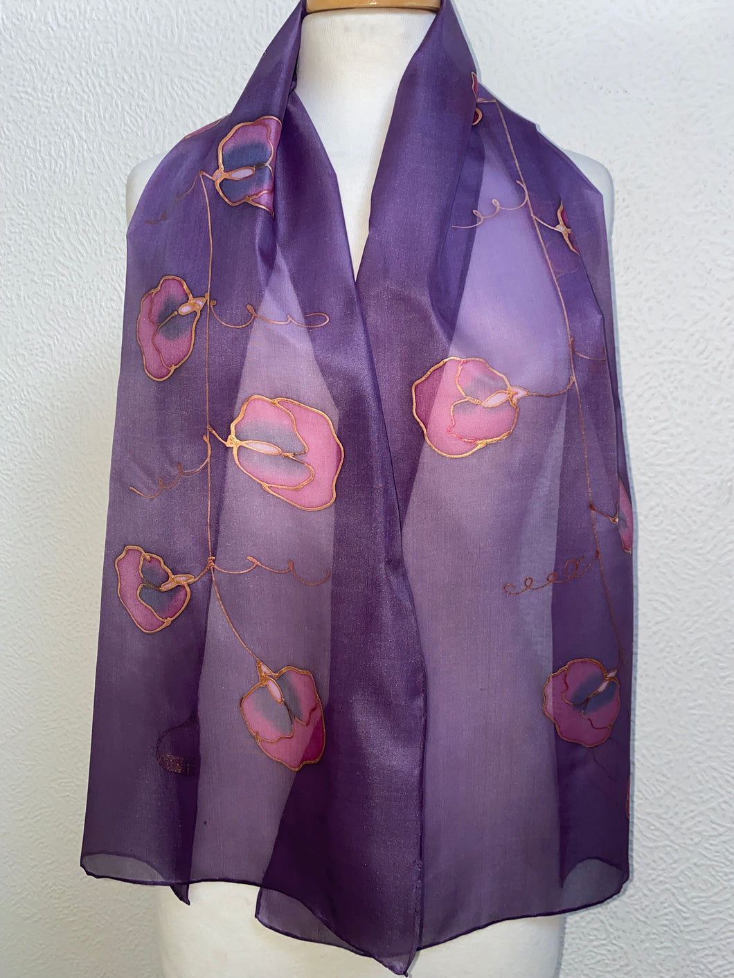 Sweet Pea Design Long Scarf : Hand Painted Silk in Pink Purple Copper
