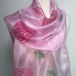 Roses Design X Long Silk Scarf in Pink & Silver : Hand Painted Silk