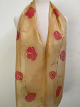 Load image into Gallery viewer, Hand painted silk neck scarf in caramel and red
