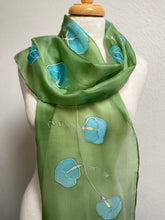 Load image into Gallery viewer, Sweet Peas Design Hand Painted Silk Neck Scarf in Apple Green Turquoise
