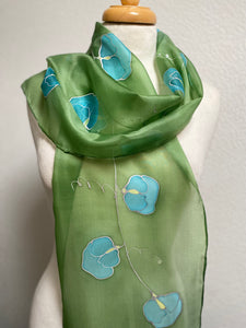 Sweet Peas Design Hand Painted Silk Neck Scarf in Apple Green Turquoise