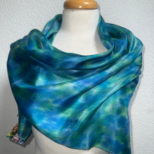 Load image into Gallery viewer, Hand Dyed Square Silk Scarf in Blue Teal Turquoise Jade Green

