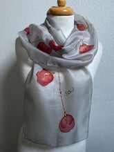 Load image into Gallery viewer, Sweet Peas Design Hand Painted Silk Neck Scarf in Pale Grey and Red
