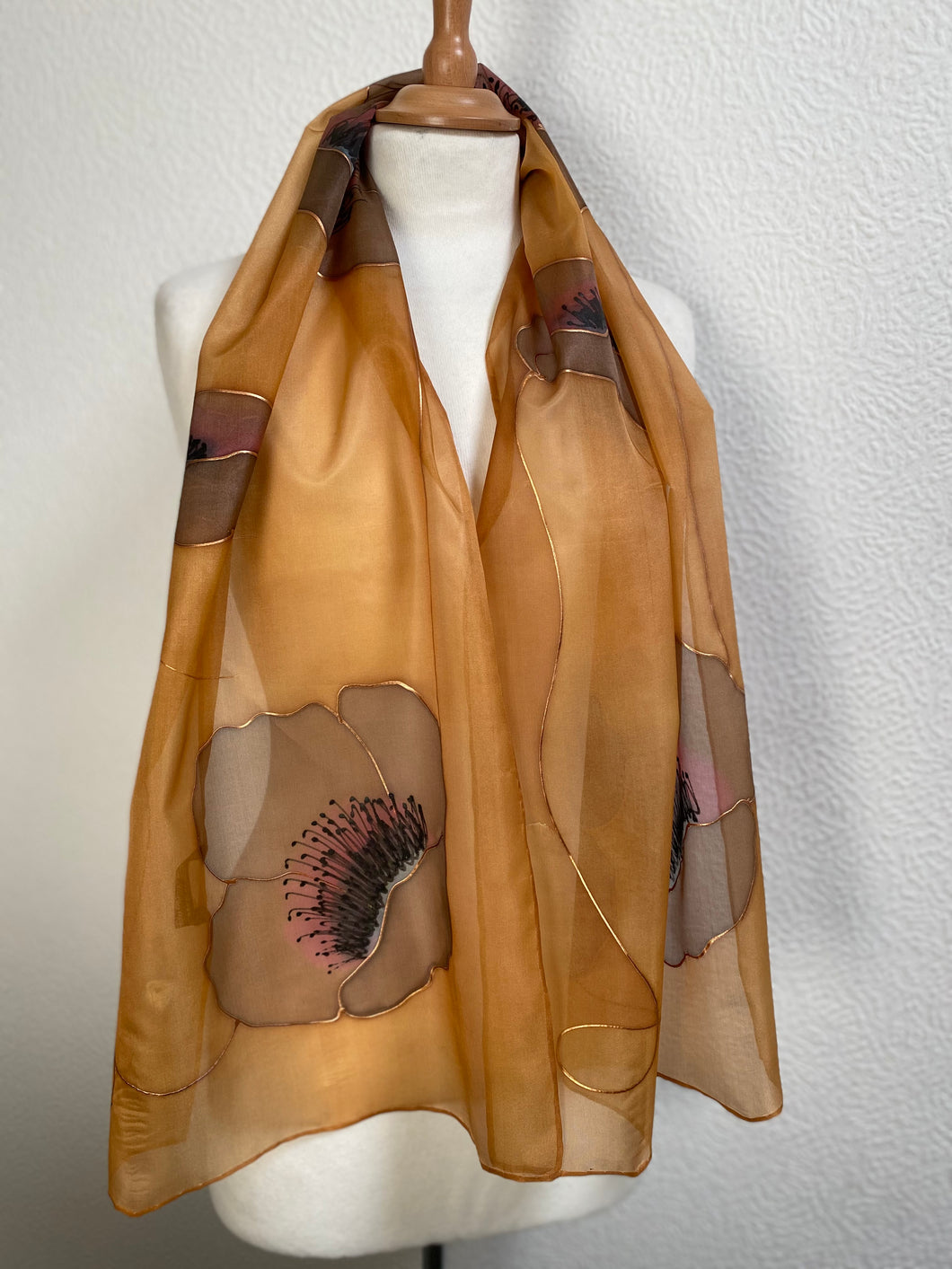 Poppies Design Long Silk Scarf : Hand Painted Silk
