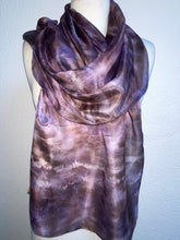 Load image into Gallery viewer, Hand Dyed Long Silk Scarf in Smokey Grey Lilac Brown
