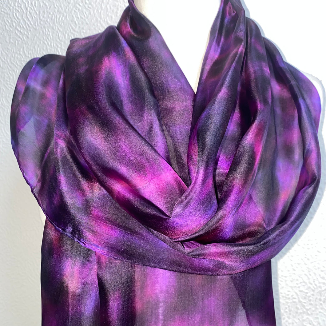 Hand Dyed Long Silk Scarf in Shades of Pink Purple Black