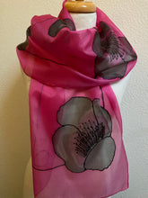 Load image into Gallery viewer, Poppy Noir Design Long Silk Scarf in Cerise : Hand Painted Silk
