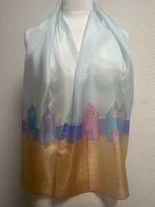 Beach Huts Long Scarf Hand Painted Silk