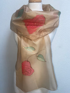 Roses Design X Long Silk Scarf in Camel & Red : Hand Painted Silk