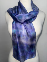 Load image into Gallery viewer, Hand Dyed Silk Small Neck Scarf in Grey Purple Turquoise by Designer Silk Artist
