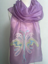 Load image into Gallery viewer, Butterfly Design X Long Silk Scarf in Orchid Pink : Hand Painted Silk
