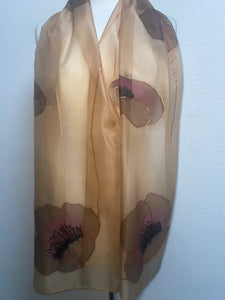 Poppies Design X Long Silk Scarf in Copper & Camel : Hand Painted Silk