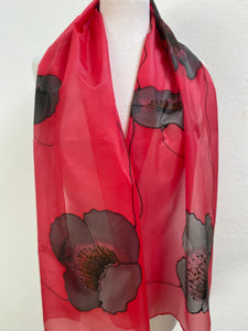 Poppy Noir Design Long Scarf : Hand Painted Silk in Red