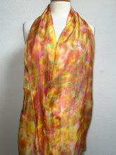 Load image into Gallery viewer, Hand Dyed Long Silk Scarf in Golden Yellow Coral Green Red by Designer Silk Artist
