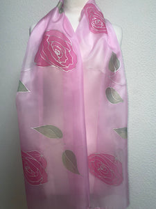 Roses Design X Long Silk Scarf in Pink & Silver : Hand Painted Silk