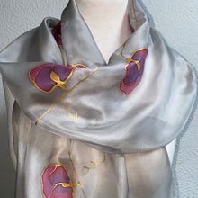 Load image into Gallery viewer, Sweet Pea Design Long Scarf : Hand Painted Silk Grey Pink Purple
