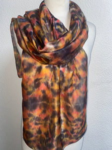 Hand Dyed Long Silk Scarf in Orange Charcoal Beige