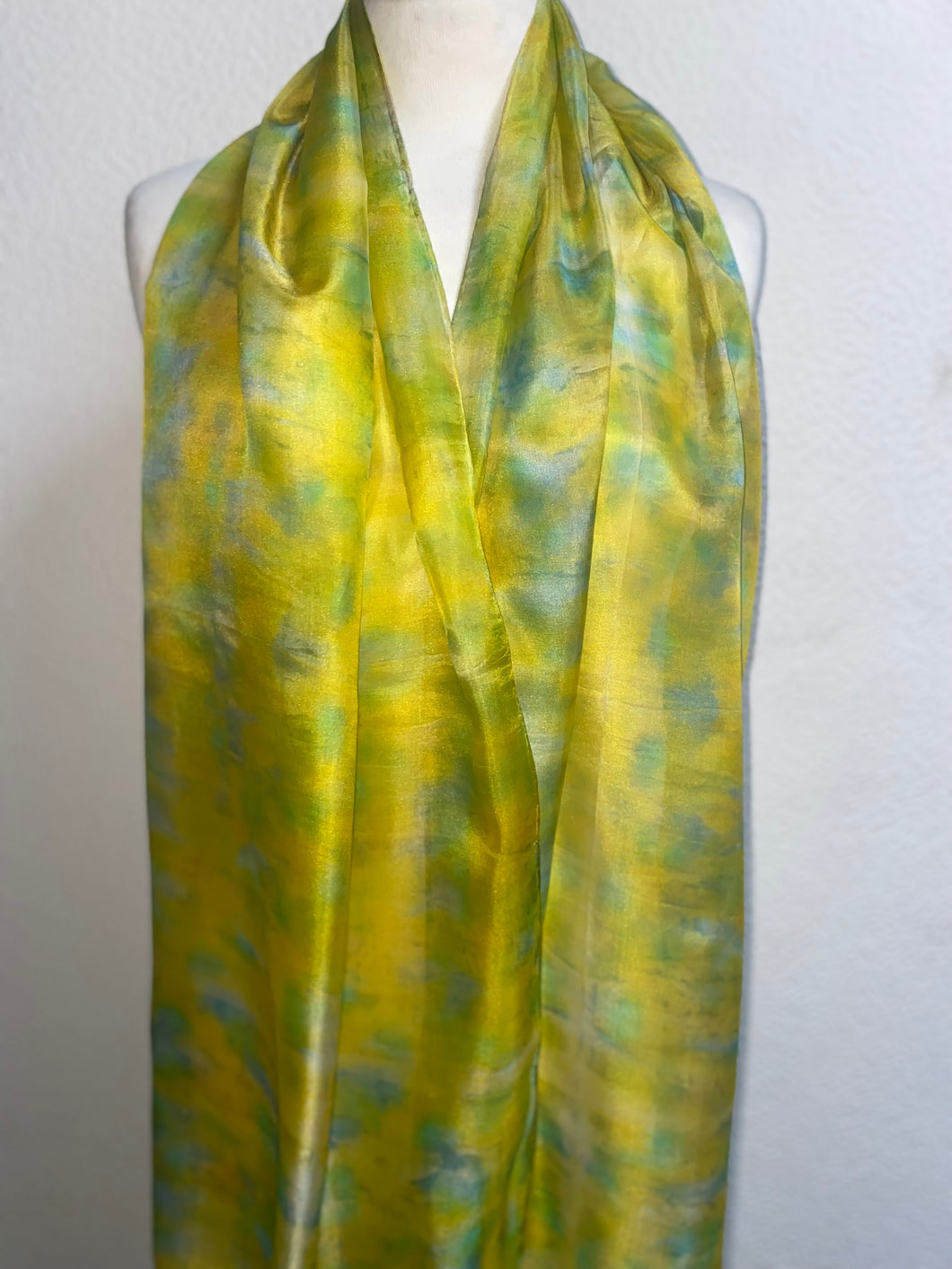 Hand Dyed Long Silk Scarf in Golden Yellow Lime Aqua