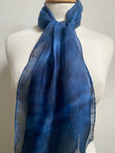 Load image into Gallery viewer, Hand Dyed Silk Neck Scarf in Dark Navy Light Blue Grey
