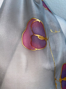 Sweet Pea Design Long Silk Scarf in Grey Pink Purple : Hand Painted Silk