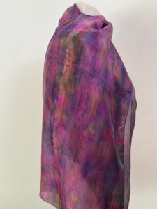 Hand Dyed Long Silk Scarf in Deep Pink Grey Green