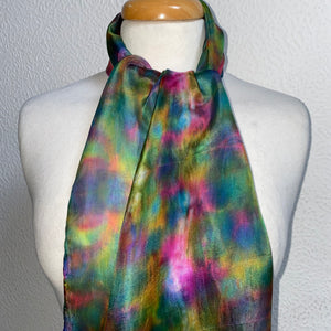 Hand Dyed Silk Neck Scarf in Multi Green Pink Red Gold