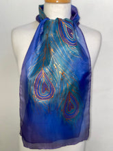 Load image into Gallery viewer, Peacock Feathers Design Hand Painted Silk Neck Scarf in Blue, Purple, Aqua
