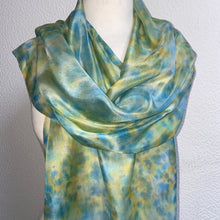 Load image into Gallery viewer, Hand Dyed Long Silk Scarf in Shades of Aqua Blue Green Gold
