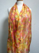 Load image into Gallery viewer, Hand Dyed Long Silk Scarf in Golden Yellow Coral Green Red by Designer Silk Artist
