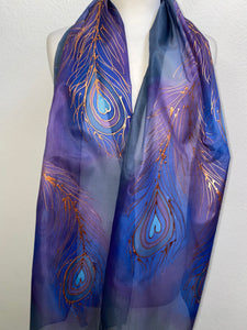Peacock Feathers Design X Long Silk Scarf in Navy Blue Purple : Hand Painted Silk