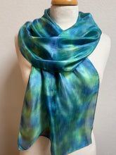 Load image into Gallery viewer, Hand Dyed Silk Neck Scarf in Teal, Apple Green, Blue by Designer Silk Artist
