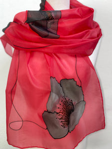 Poppy Noir Design Long Silk Scarf in Red : Hand Painted Silk