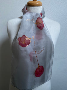 Sweet Peas Design Hand Painted Silk Neck Scarf in Pale Grey and Red