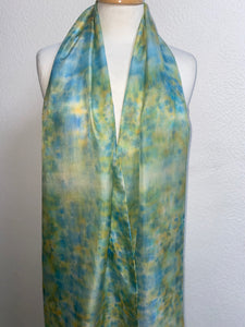 Hand Dyed Long Silk Scarf in Shades of Aqua Blue Green Gold