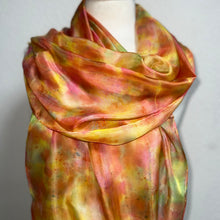 Load image into Gallery viewer, Hand Dyed Long Silk Scarf in Golden Yellow Coral Green Red by Designer Silk Artist
