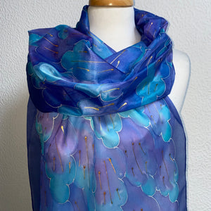 Leaves Design X Long Silk Scarf in Blues & Purple : Hand Painted Silk