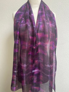 Hand Dyed Long Silk Scarf in Purple Black Pink