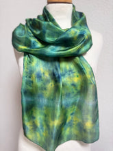 Load image into Gallery viewer, Hand Dyed Silk Neck Scarf in Teal Green Lime Lemon by Designer Silk Artist
